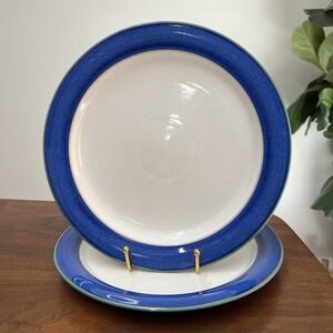 Set of 2 Denby Langley Metz Dinner Plate 10.5" White Center Blue Green Trim